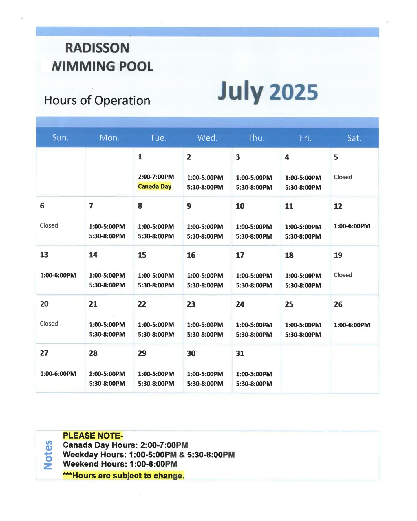 swimming pool hours of operations