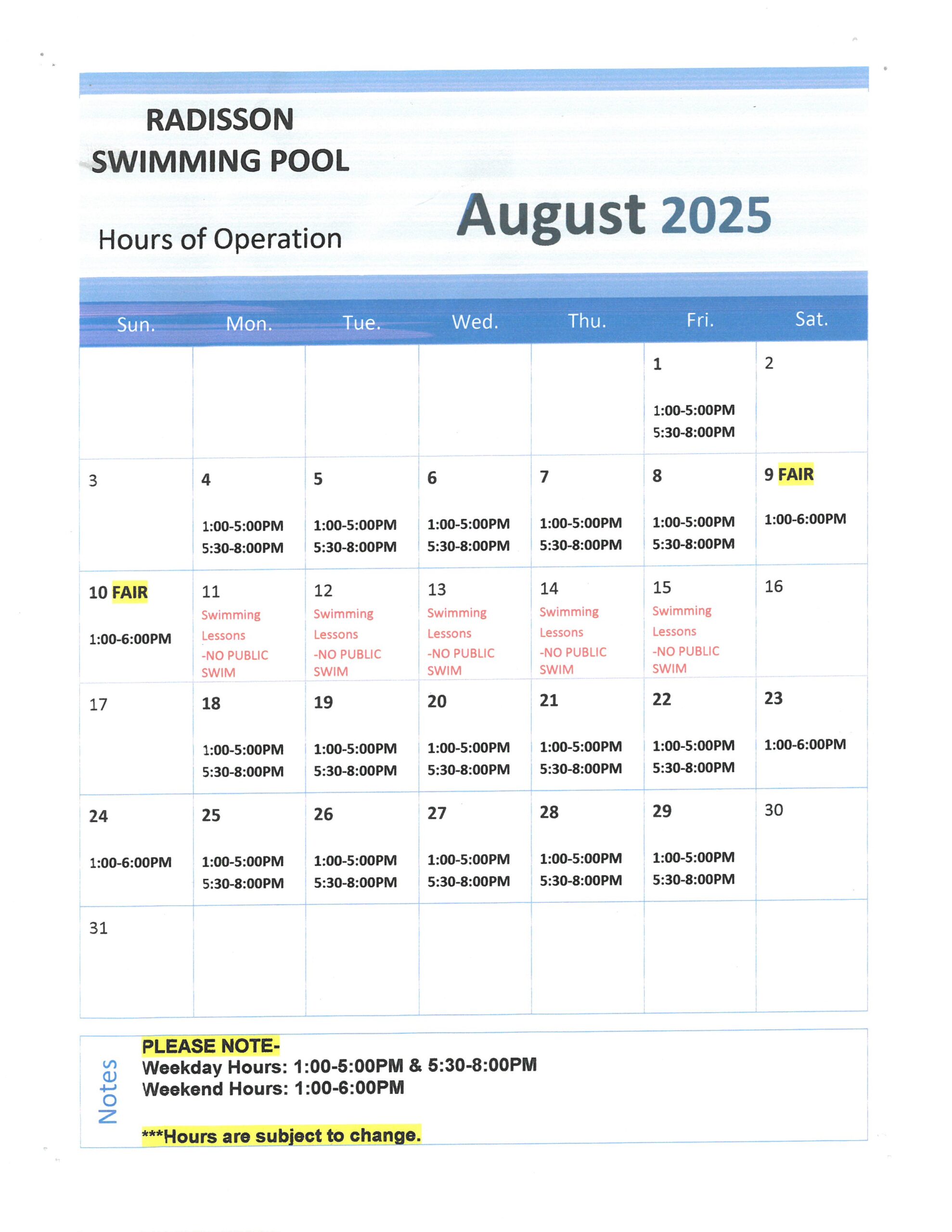 swimming pool hours of operations